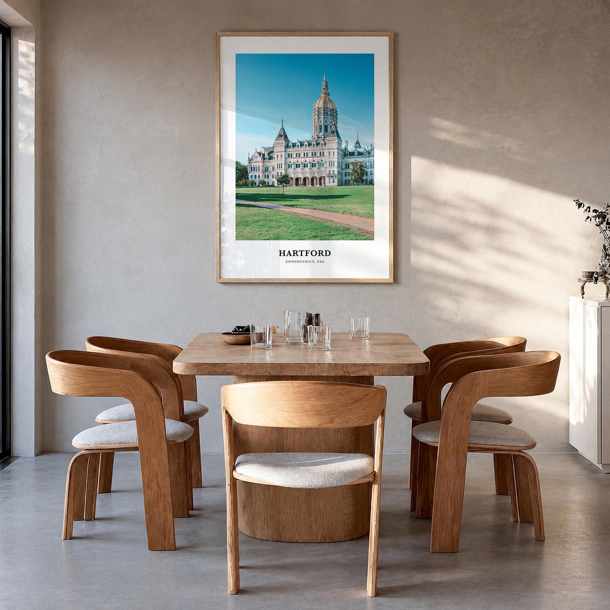 Hartford no. 2 colorful classic poster of Connecticut, USA – vertical wall art in natural wood frame, hanging on wall