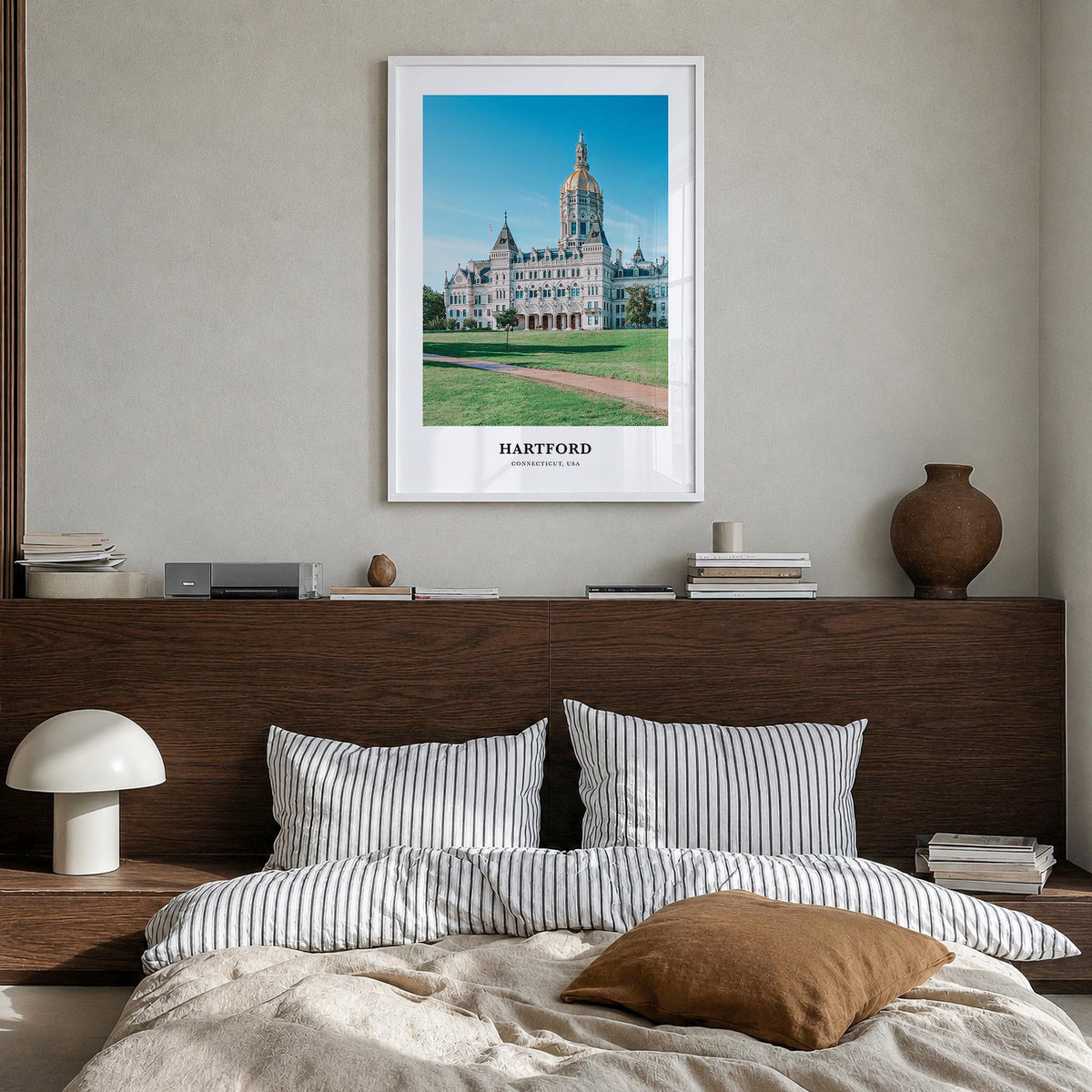 Hartford no. 2 colorful classic poster of Connecticut, USA – vertical wall art in white wood frame, hanging on wall