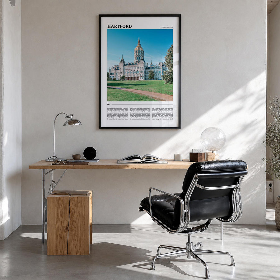 Hartford no. 2 colorful travel poster of Connecticut, USA – vertical wall art in black wood frame, hanging on wall