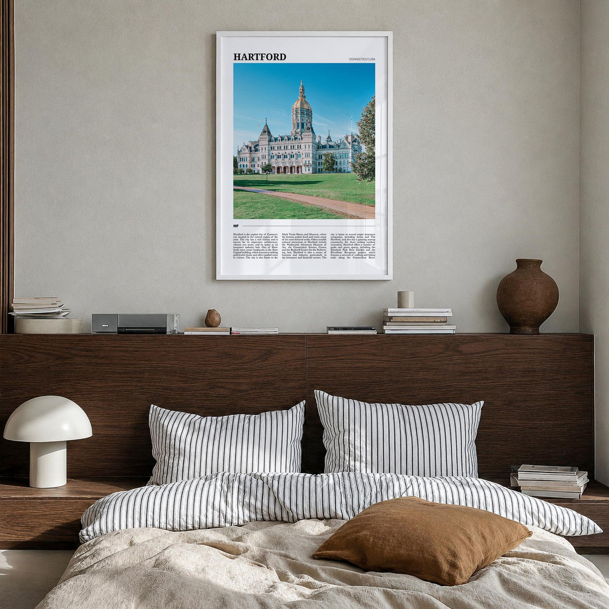 Hartford no. 2 colorful travel poster of Connecticut, USA – vertical wall art in white wood frame, hanging on wall