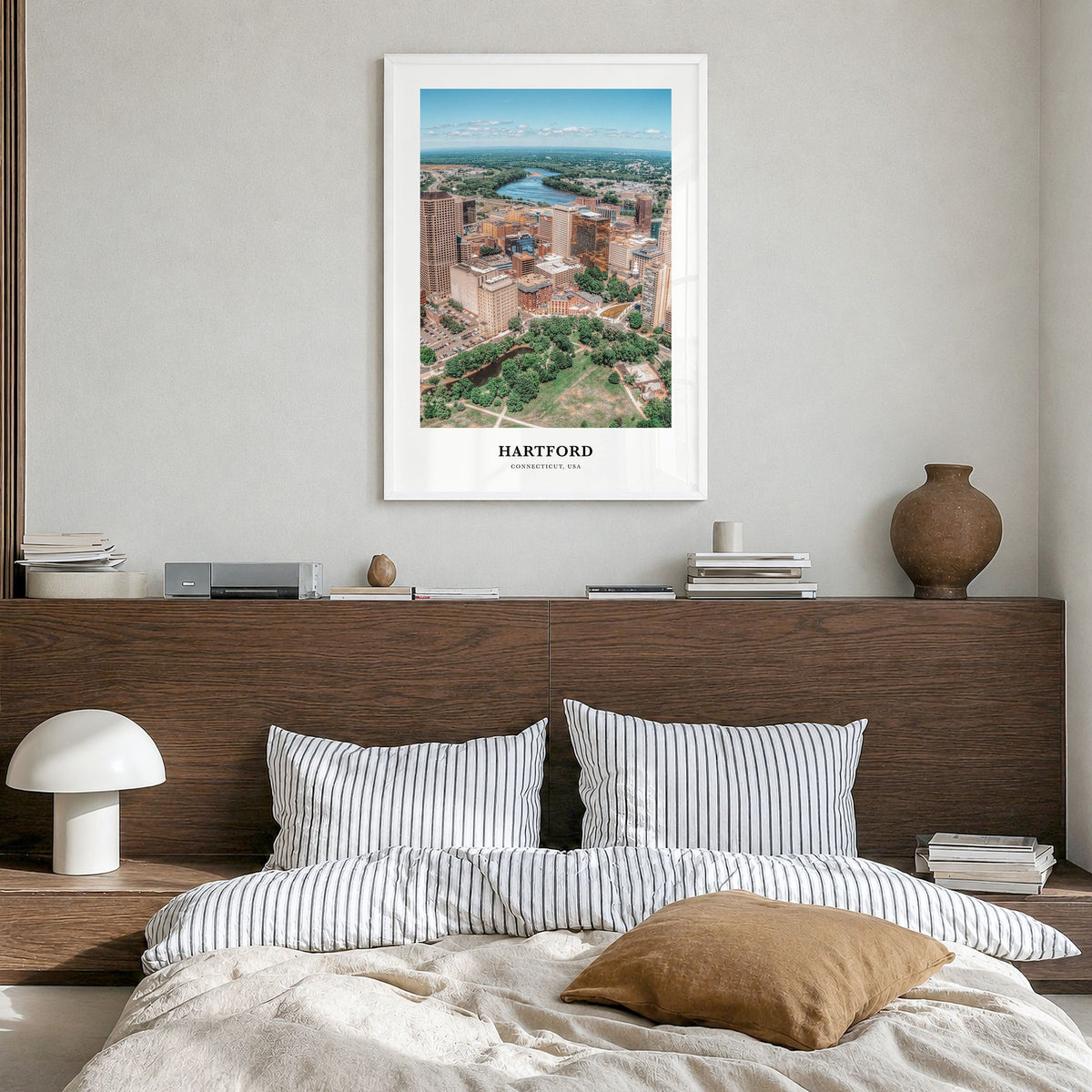 Hartford Classic No 1 Poster in a white wood frame, hanging in a bedroom