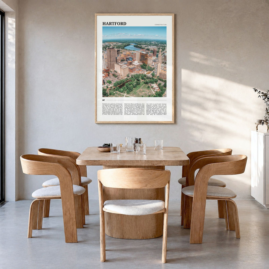 Hartford Travel No 1 Poster in a natural wood frame, hanging in a dining room
