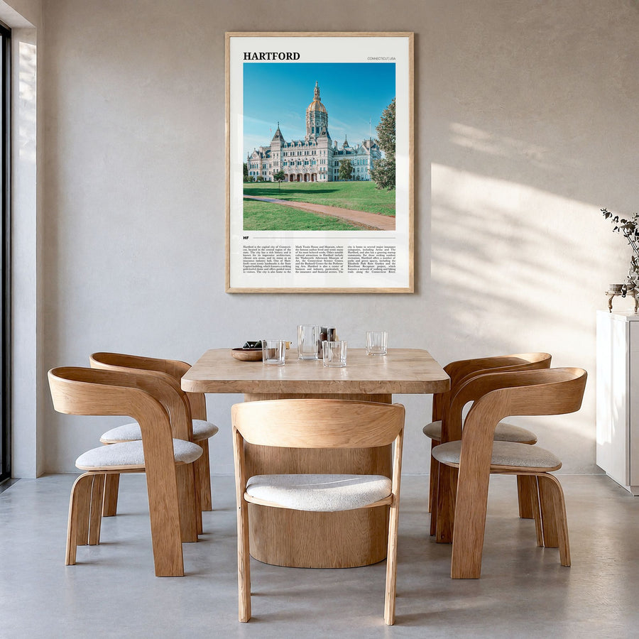 Hartford Travel No 2 Poster in a natural wood frame, hanging in a dining room