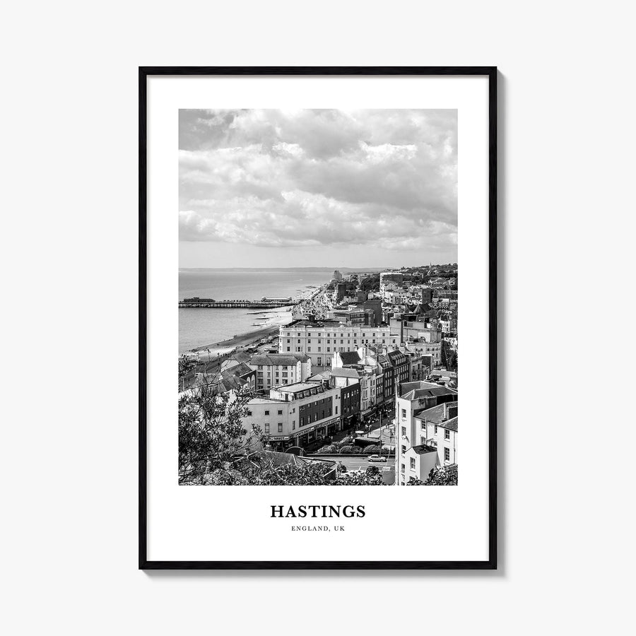Hastings black & white classic poster of United Kingdom – vertical wall art, unframed print shown in interior mockup