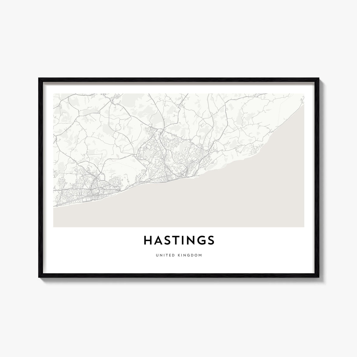 Hastings black & white map poster of United Kingdom – horizontal wall art, unframed print shown in interior mockup