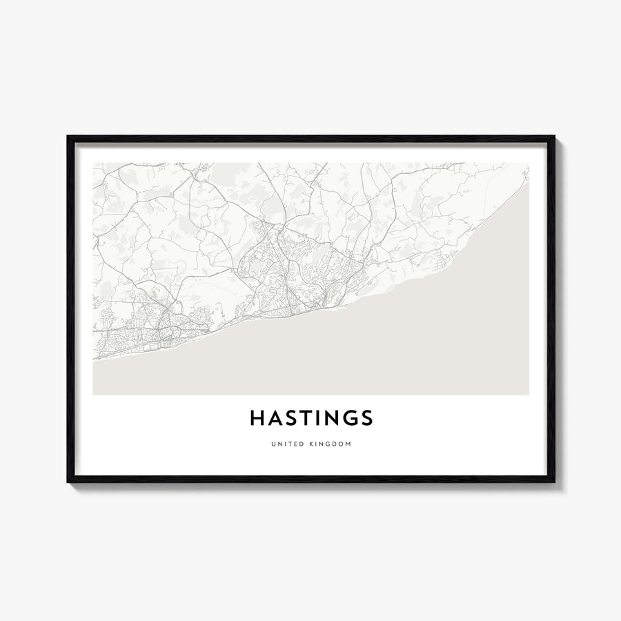 Hastings black & white map poster of United Kingdom – horizontal wall art, unframed print shown in interior mockup