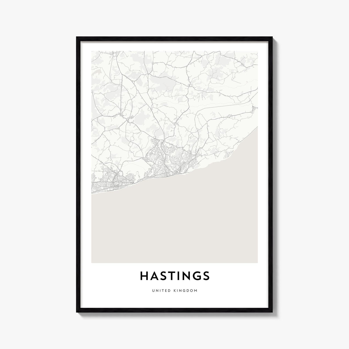 Hastings black & white map poster of United Kingdom – vertical wall art, unframed print shown in interior mockup