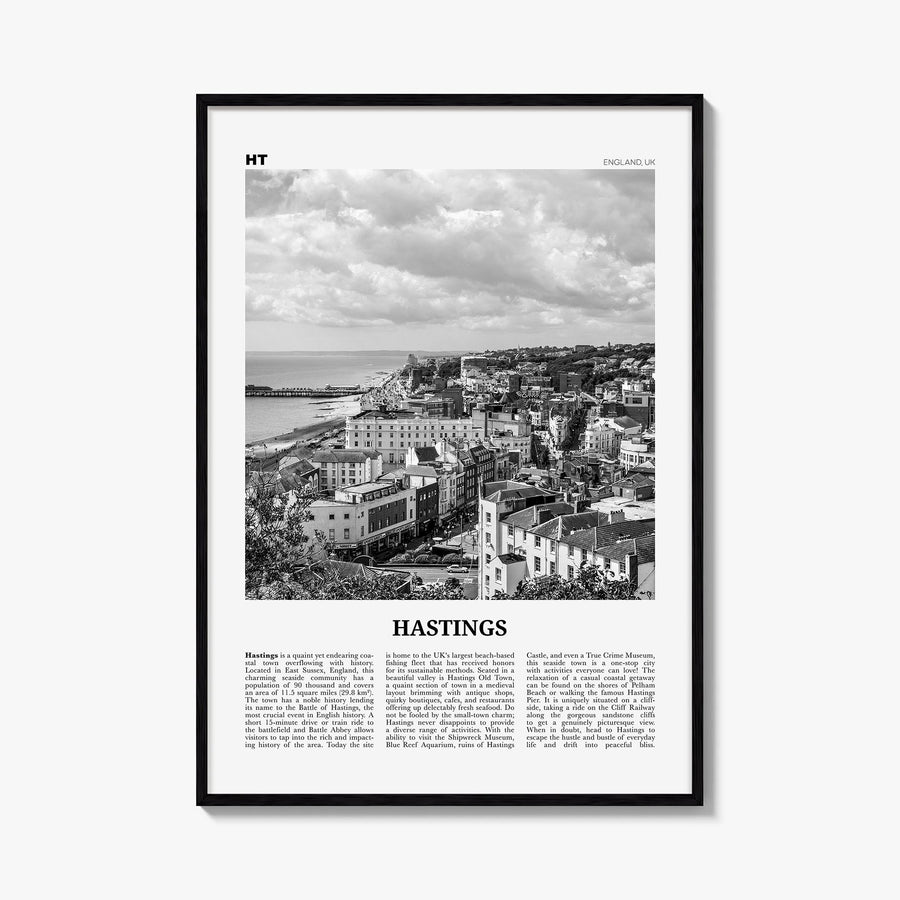 Hastings black & white newspaper poster of United Kingdom – vertical wall art, unframed print shown in interior mockup