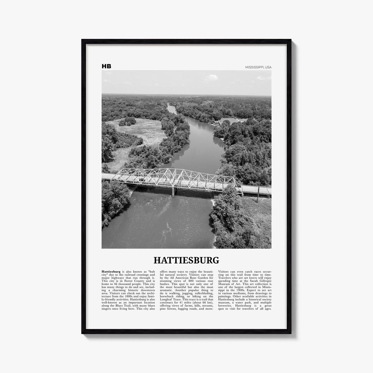 Hattiesburg black & white newspaper poster of Mississippi, USA – vertical wall art, unframed print shown in interior mockup
