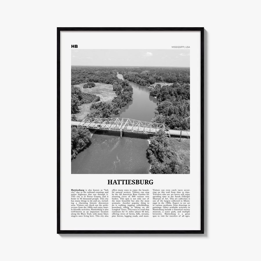 Hattiesburg black & white newspaper poster of Mississippi, USA – vertical wall art, unframed print shown in interior mockup
