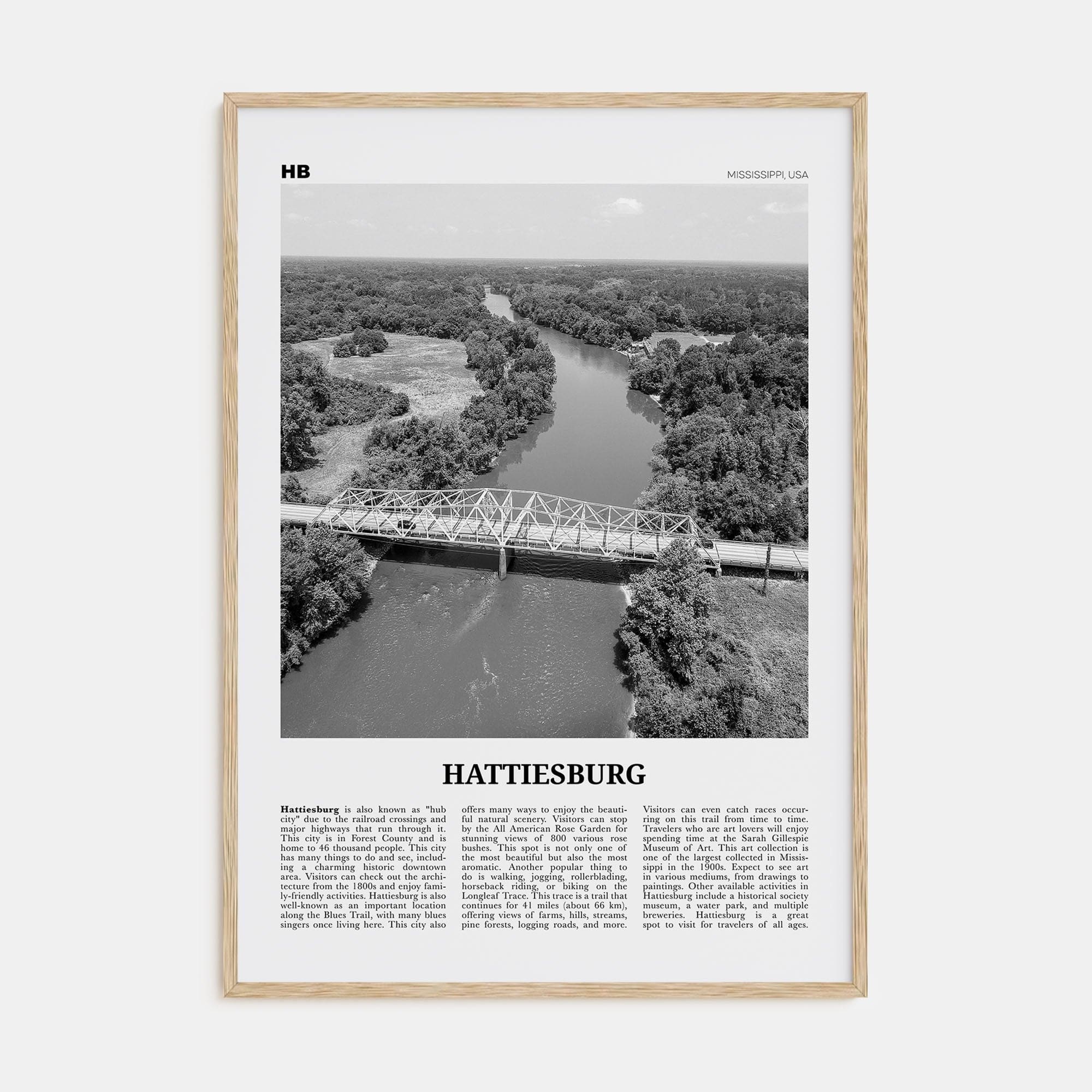 Hattiesburg Poster Natural Wood / 8x12 in Nbourhood Travel B&W Poster