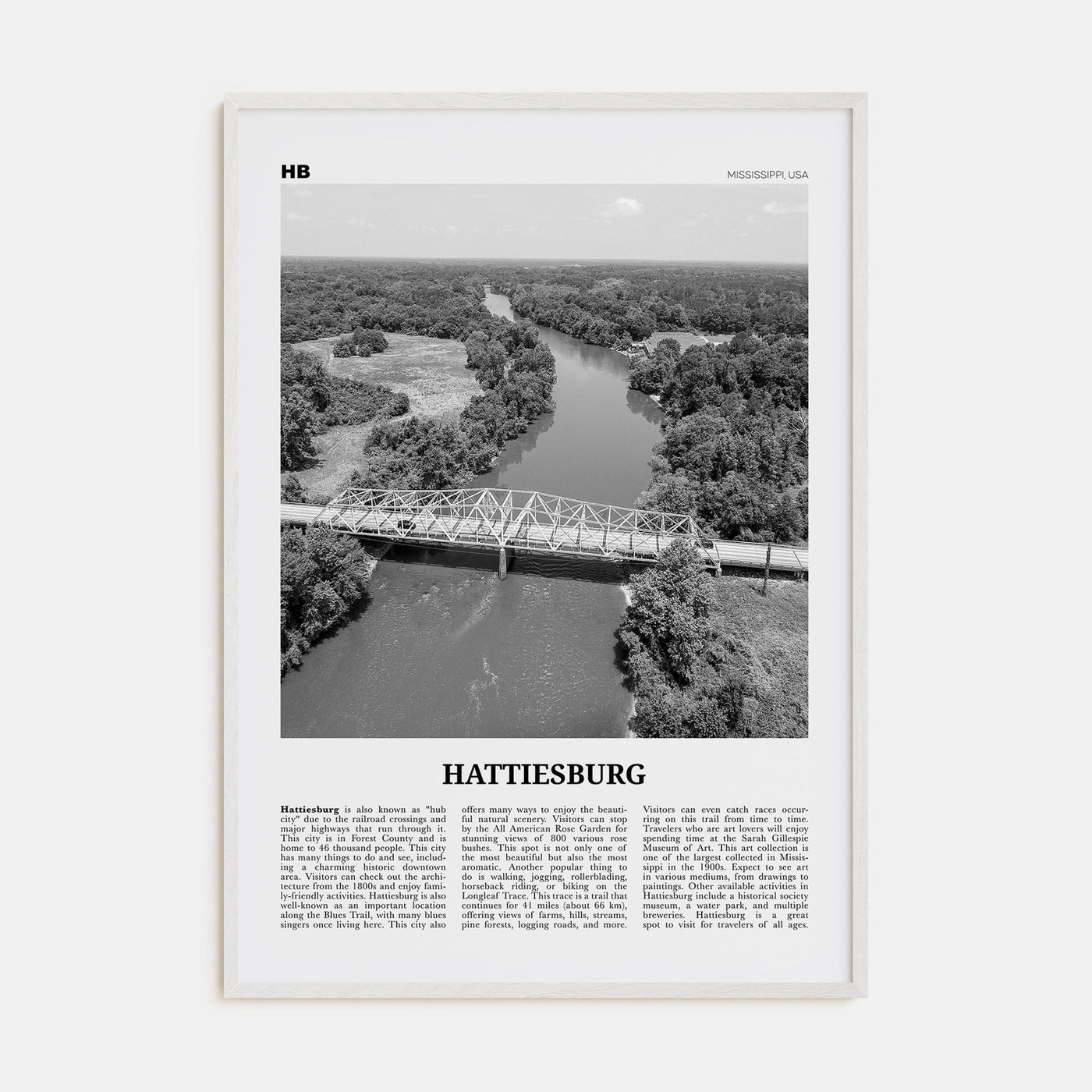 Hattiesburg Poster White Wood / 8x12 in Nbourhood Travel B&W Poster