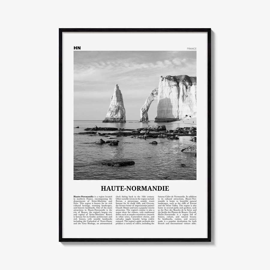 Upper Normandy no. 1 black & white newspaper poster of France – vertical wall art, unframed print shown in interior mockup