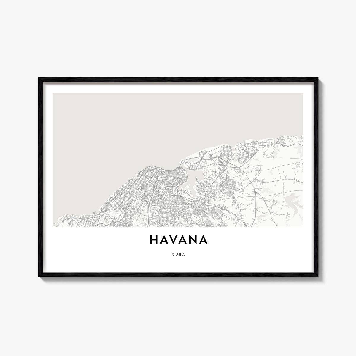 Havana black & white map poster of Cuba – horizontal wall art, unframed print shown in interior mockup