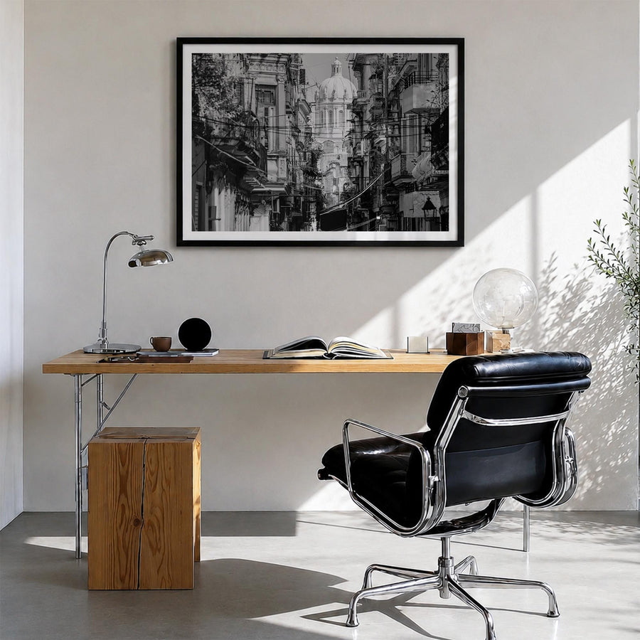 Havana black & white photo poster of Cuba – horizontal wall art in black wood frame with white border, hanging on wall