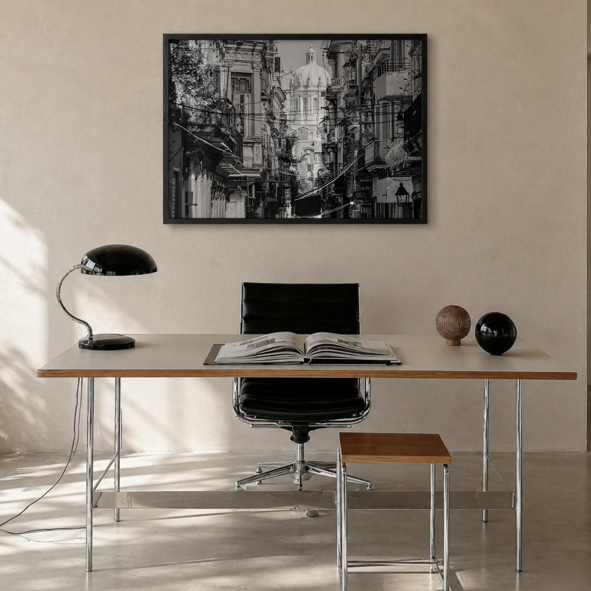 Havana black & white photo poster of Cuba – horizontal wall art in black wood frame, hanging on wall