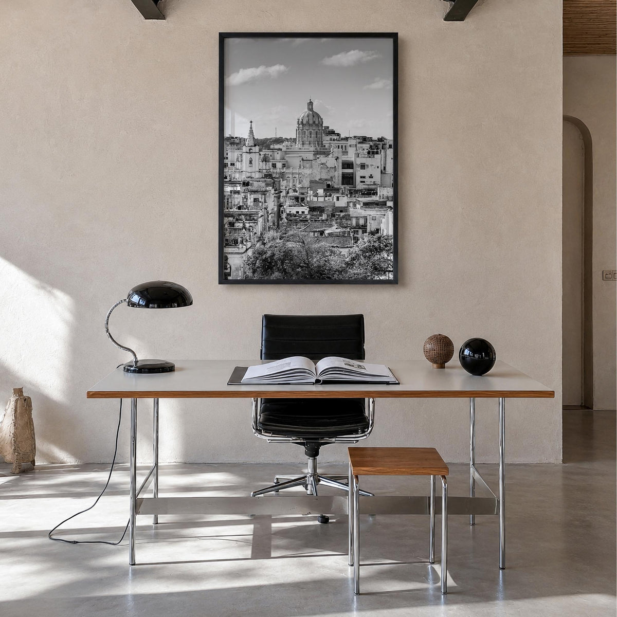 Havana black & white photo poster of Cuba – vertical wall art in black wood frame, hanging on wall