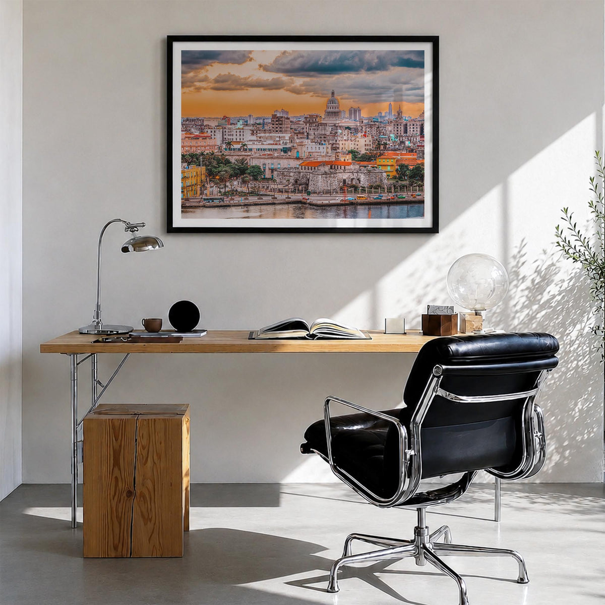 Havana colorful photo poster of Cuba – horizontal wall art in black wood frame with white border, hanging on wall