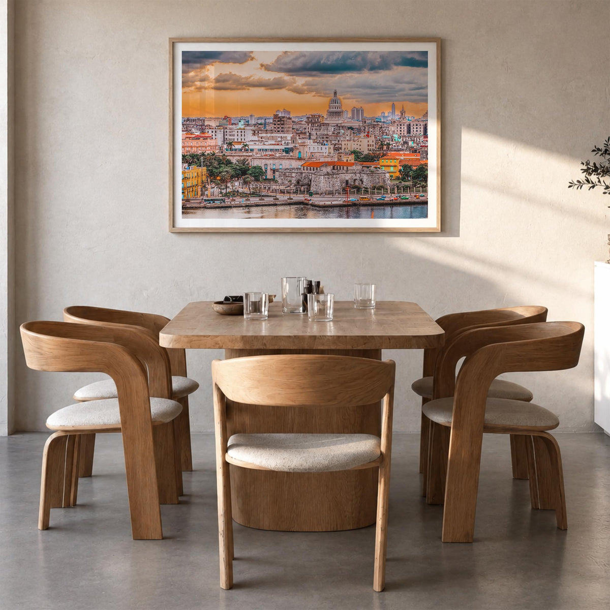 Havana colorful photo poster of Cuba – horizontal wall art in natural wood frame with white border, hanging on wall