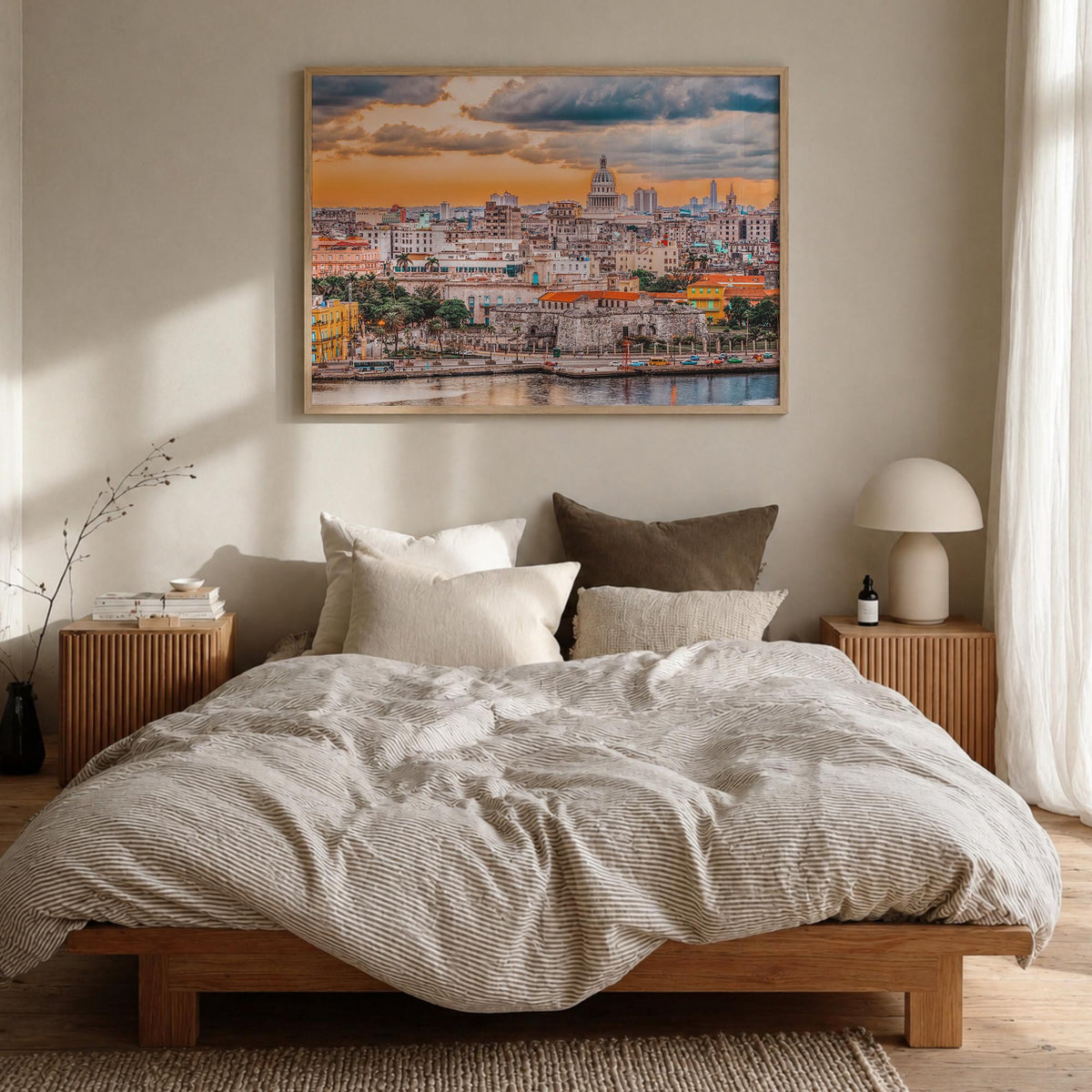 Havana colorful photo poster of Cuba – horizontal wall art in natural wood frame, hanging on wall