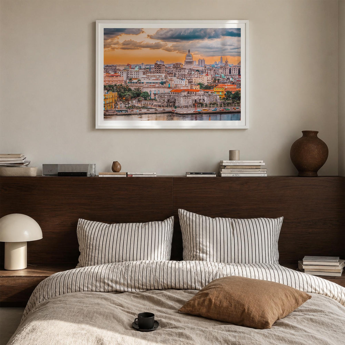 Havana colorful photo poster of Cuba – horizontal wall art in white wood frame with white border, hanging on wall