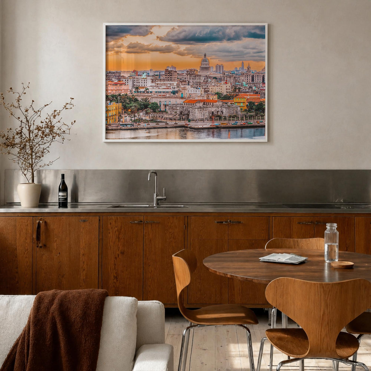 Havana colorful photo poster of Cuba – horizontal wall art in white wood frame, hanging on wall