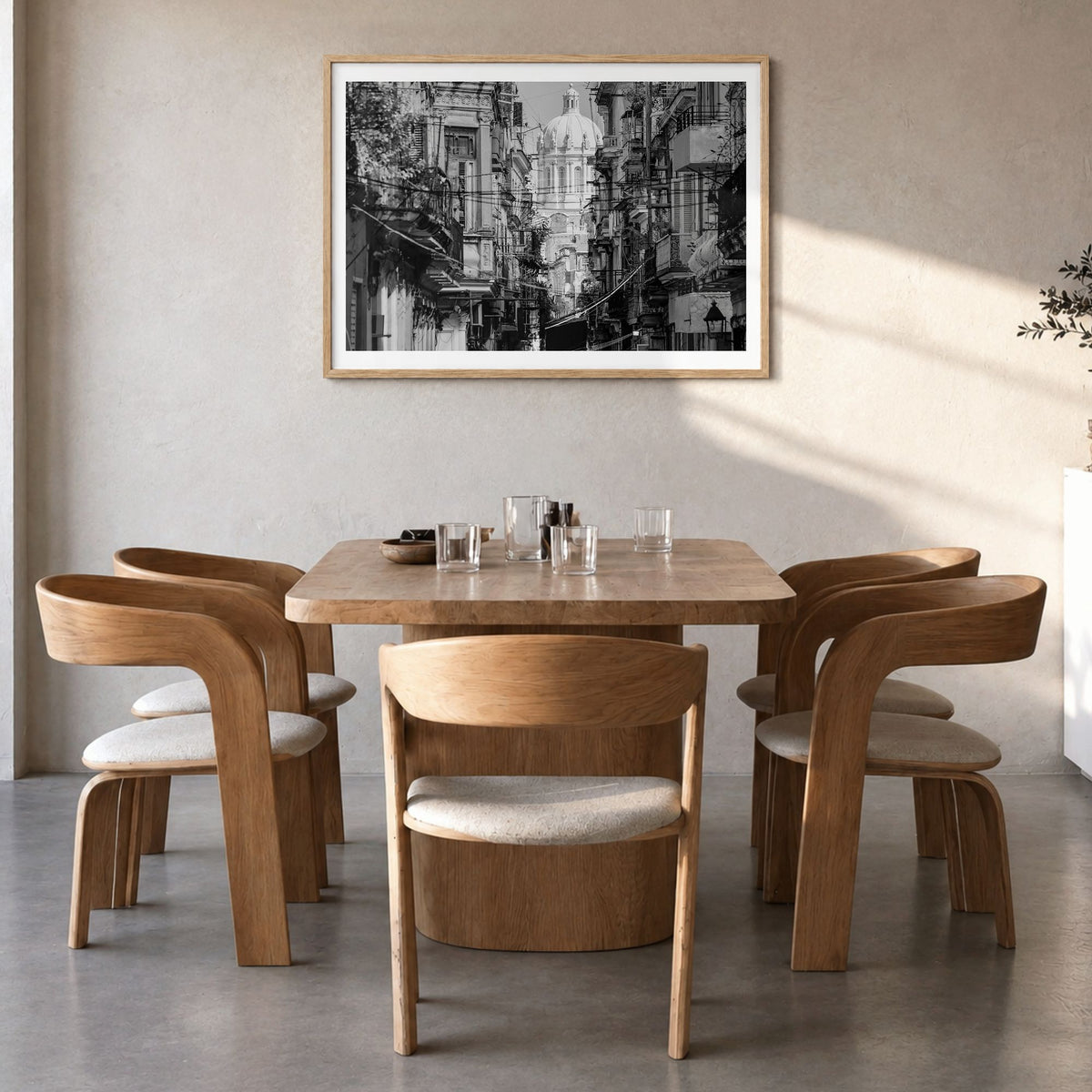 Havana Photo Poster in a natural wood frame, hanging in a dining room, white border