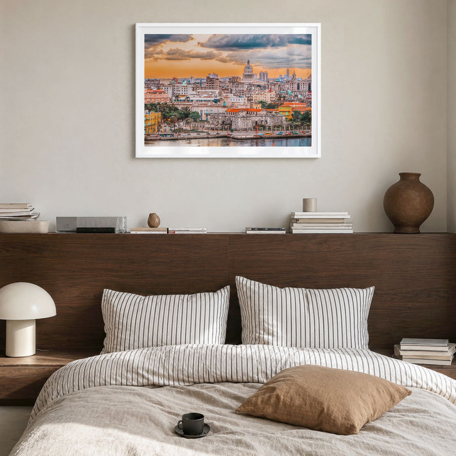 Havana Photo Poster in a white wood frame, hanging in a bedroom, white border