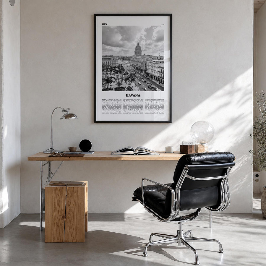 Havana no. 1 black & white newspaper poster of Cuba – vertical wall art in black wood frame, hanging on wall