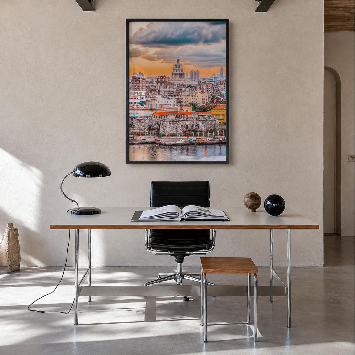 Havana no. 1 colorful photo poster of Cuba – vertical wall art in black wood frame, hanging on wall