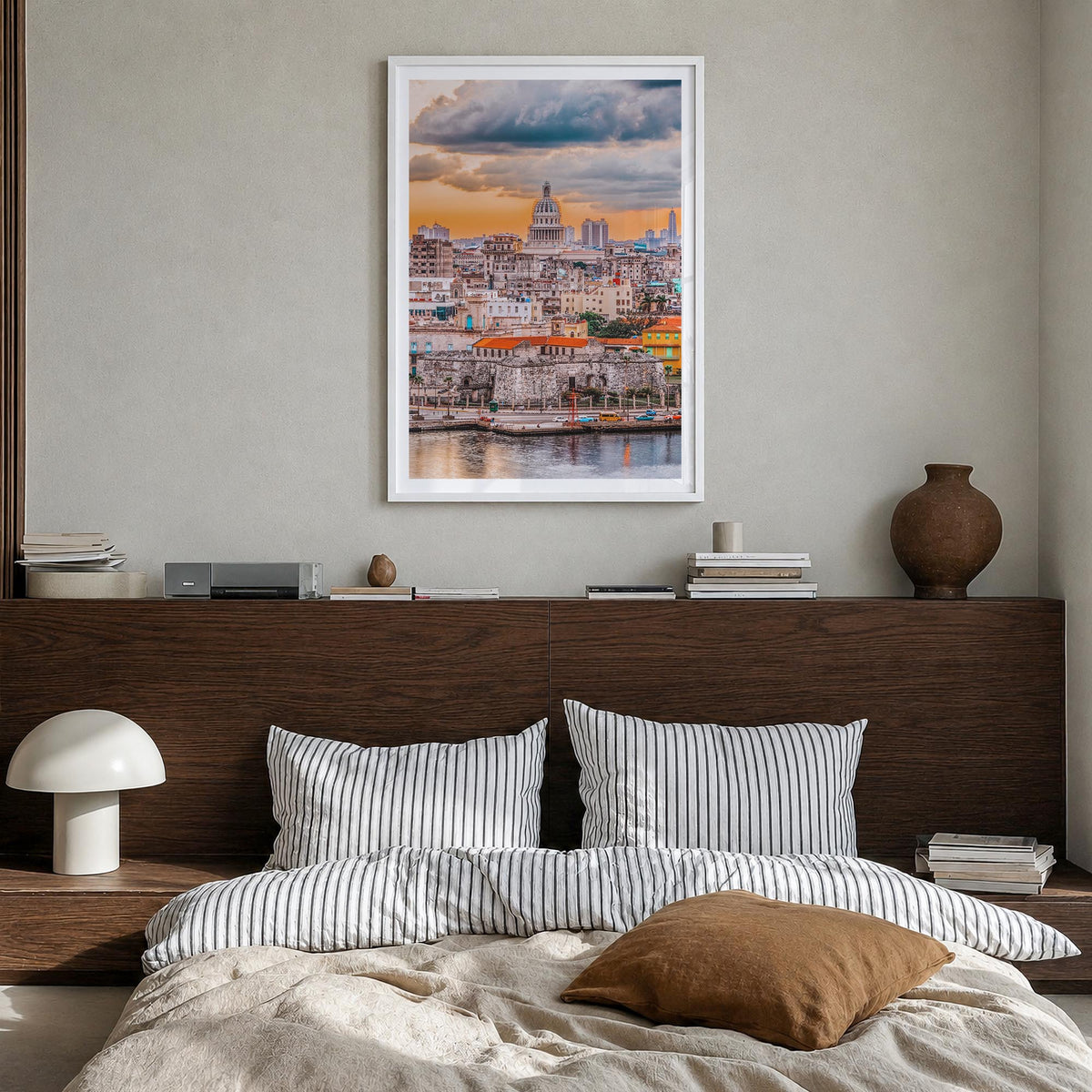 Havana no. 1 colorful photo poster of Cuba – vertical wall art in white wood frame with white border, hanging on wall