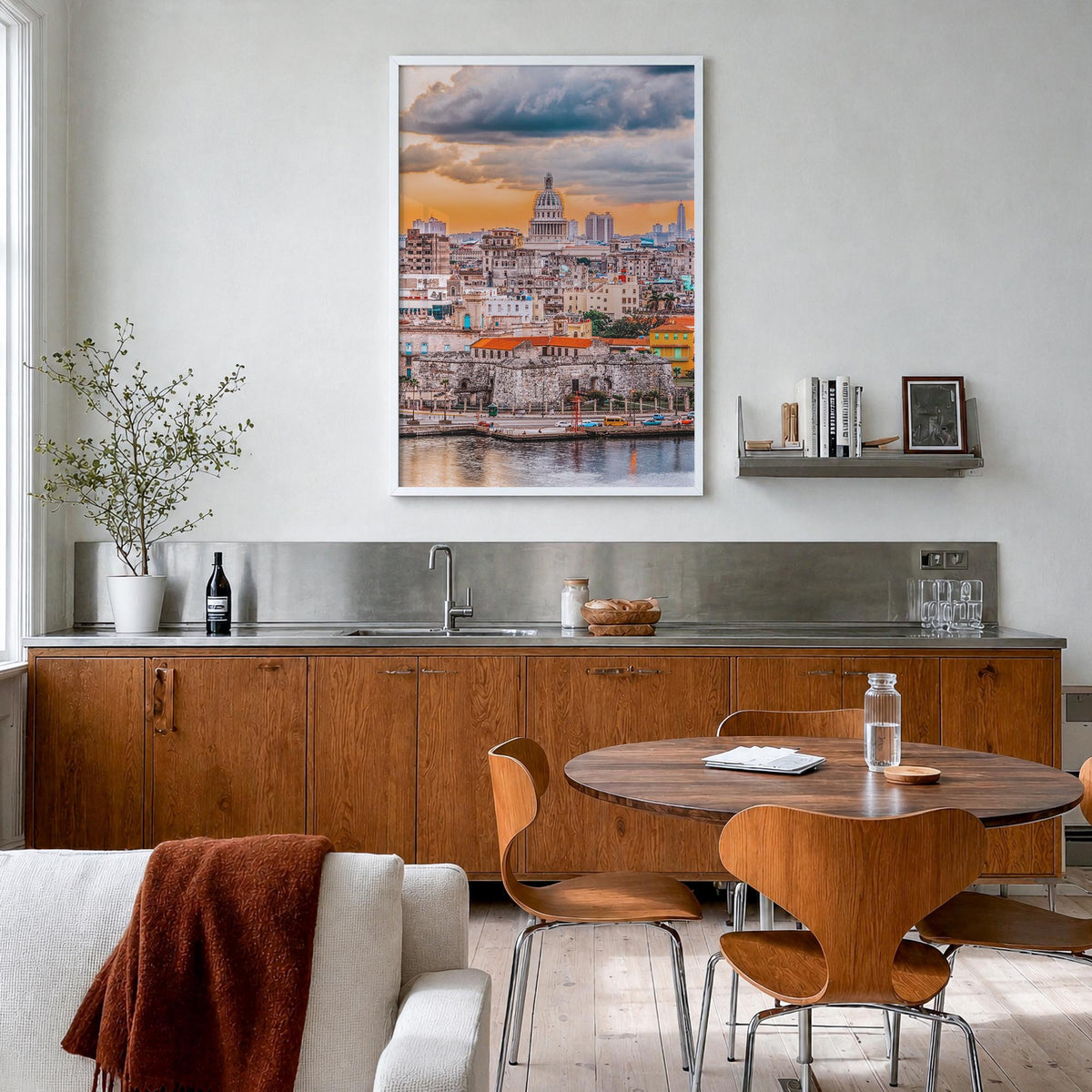 Havana no. 1 colorful photo poster of Cuba – vertical wall art in white wood frame, hanging on wall