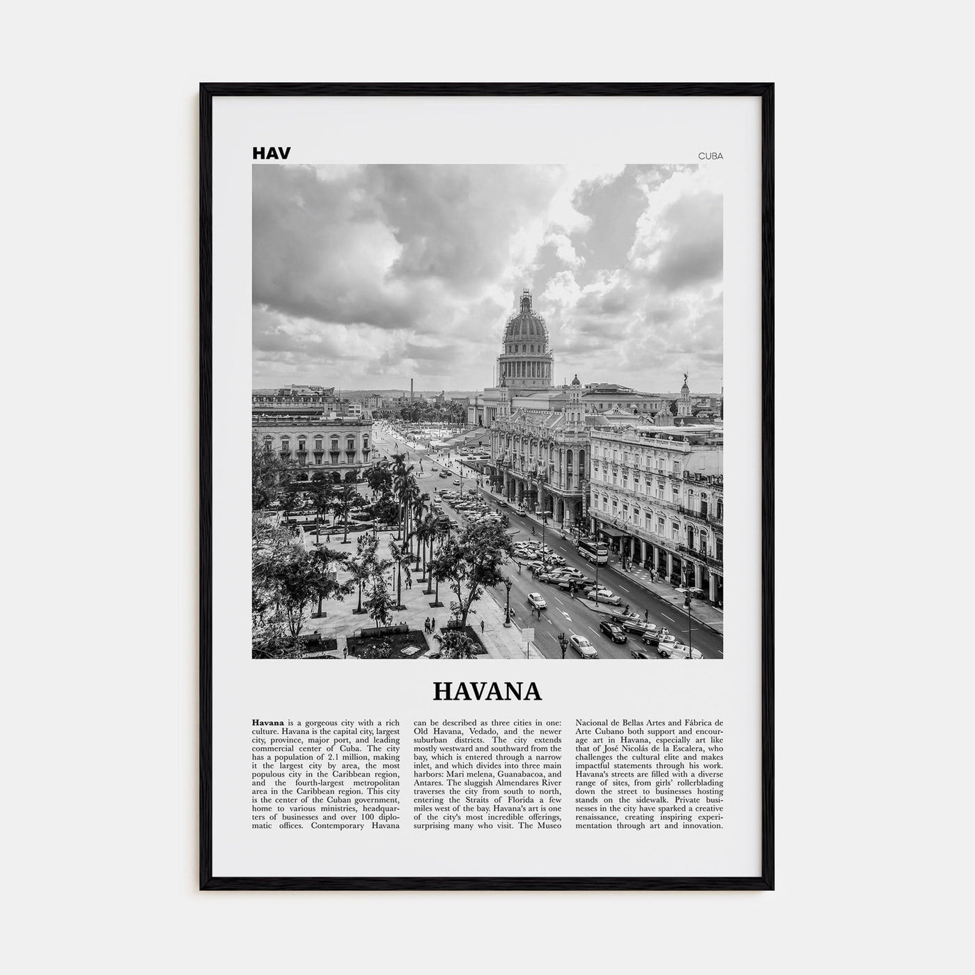 Havana No 1 Poster Black Wood / 8x12 in Nbourhood Travel B&W Poster