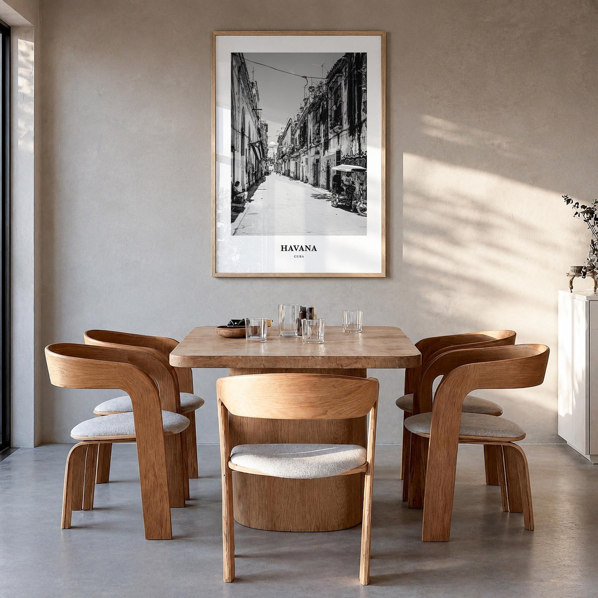 Havana no. 2 black & white classic poster of Cuba – vertical wall art in natural wood frame, hanging on wall