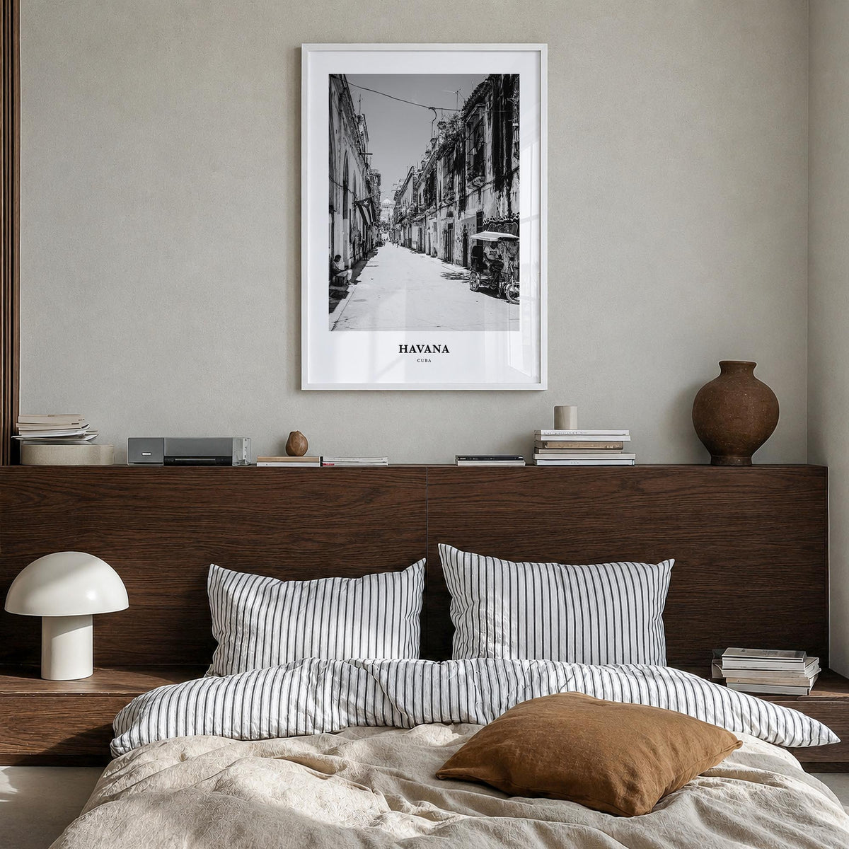 Havana no. 2 black & white classic poster of Cuba – vertical wall art in white wood frame, hanging on wall