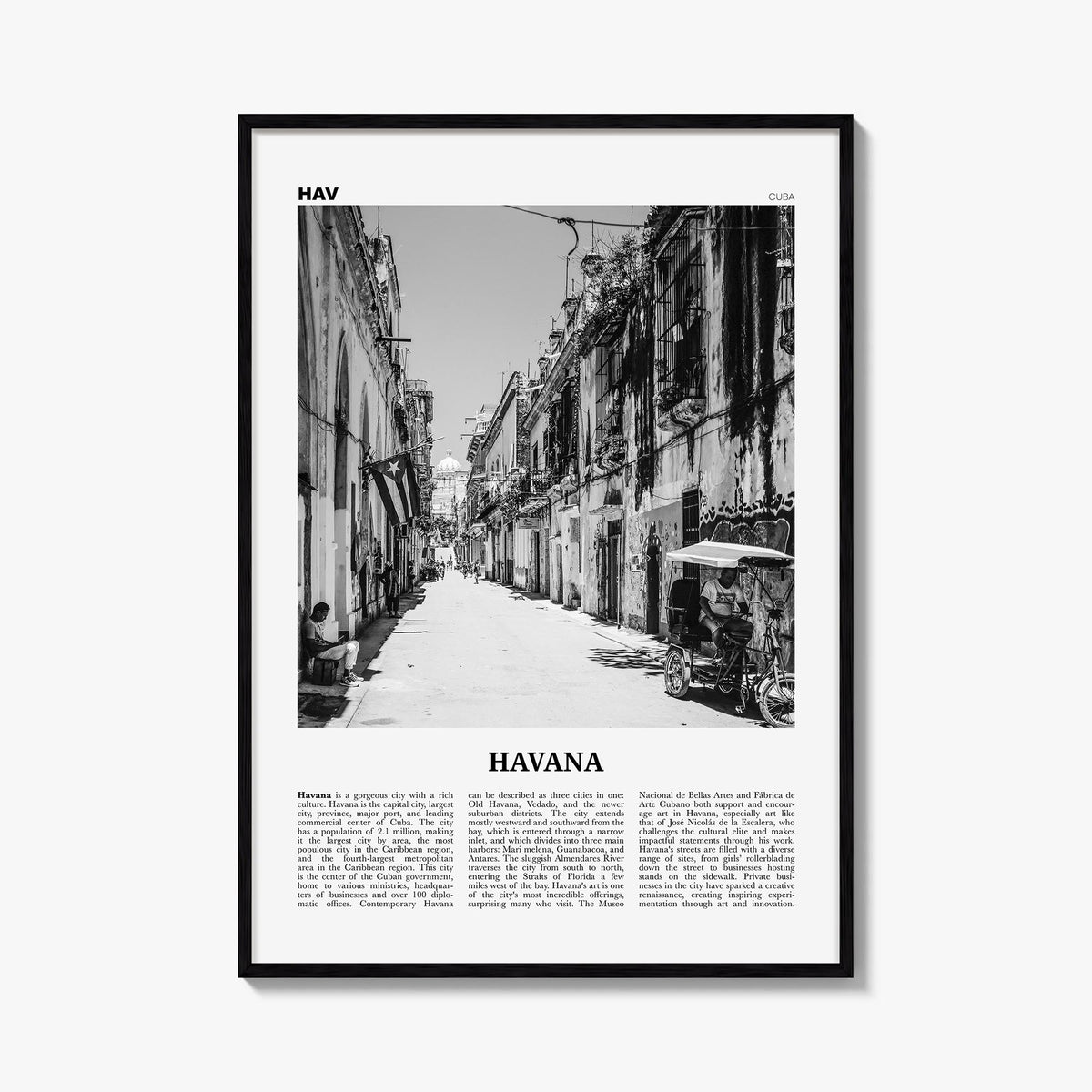 Havana no. 2 black & white newspaper poster of Cuba – vertical wall art, unframed print shown in interior mockup