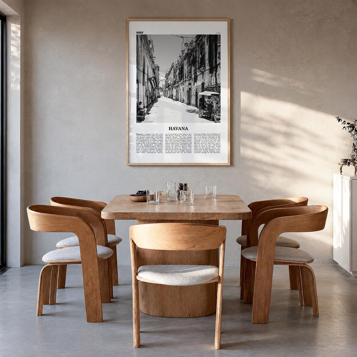 Havana no. 2 black & white newspaper poster of Cuba – vertical wall art in natural wood frame, hanging on wall