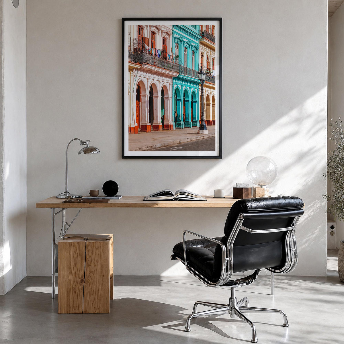 Havana no. 2 colorful photo poster of Cuba – vertical wall art in black wood frame with white border, hanging on wall