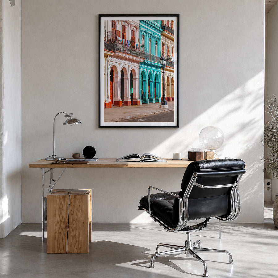 Havana no. 2 colorful photo poster of Cuba – vertical wall art in black wood frame with white border, hanging on wall