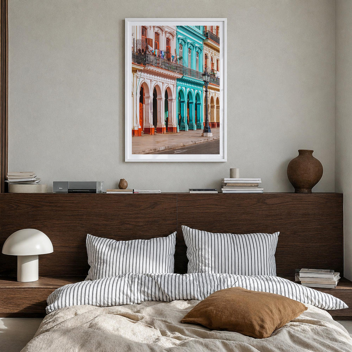 Havana no. 2 colorful photo poster of Cuba – vertical wall art in white wood frame with white border, hanging on wall