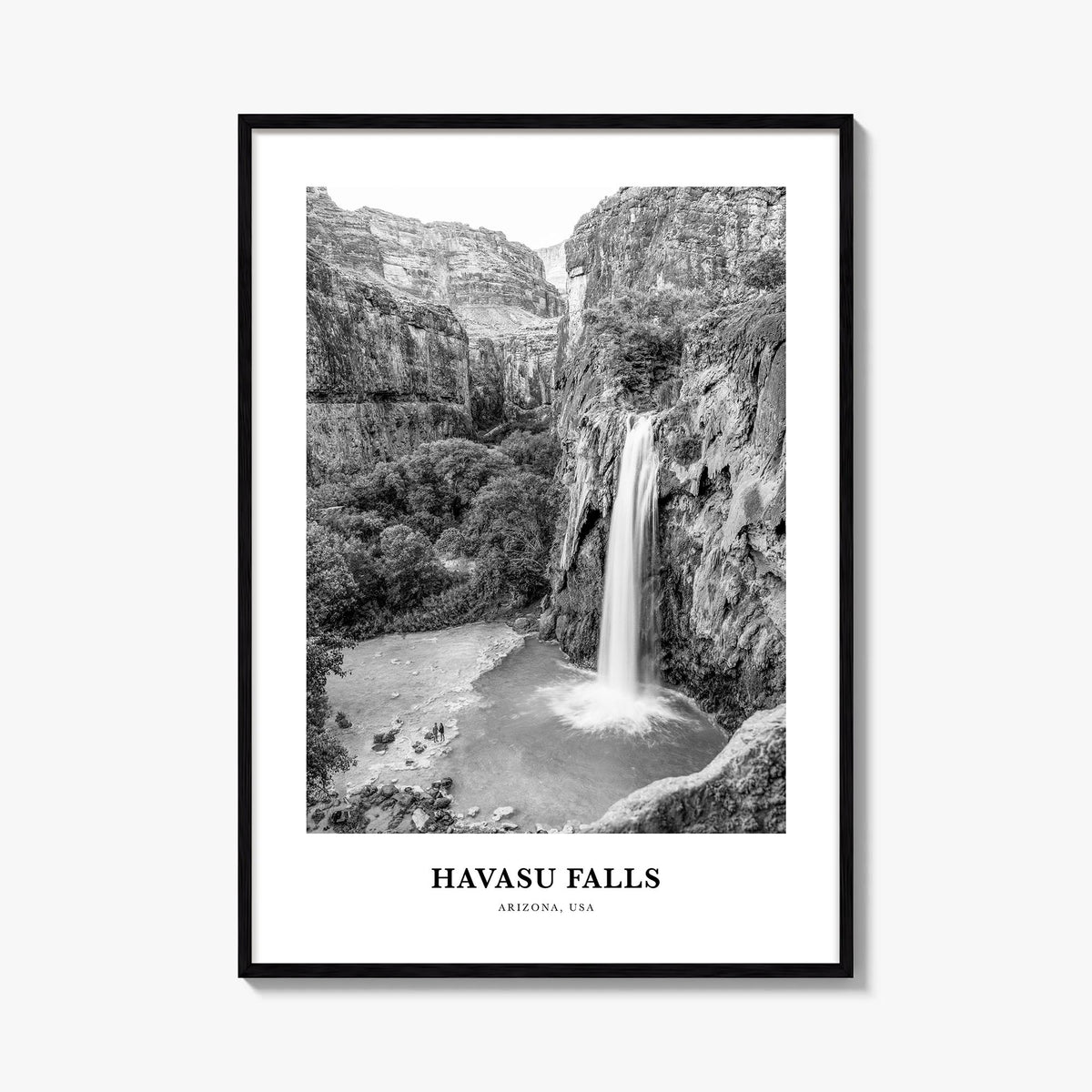 Havasu Falls black & white classic poster of Arizona, USA – vertical wall art, unframed print shown in interior mockup