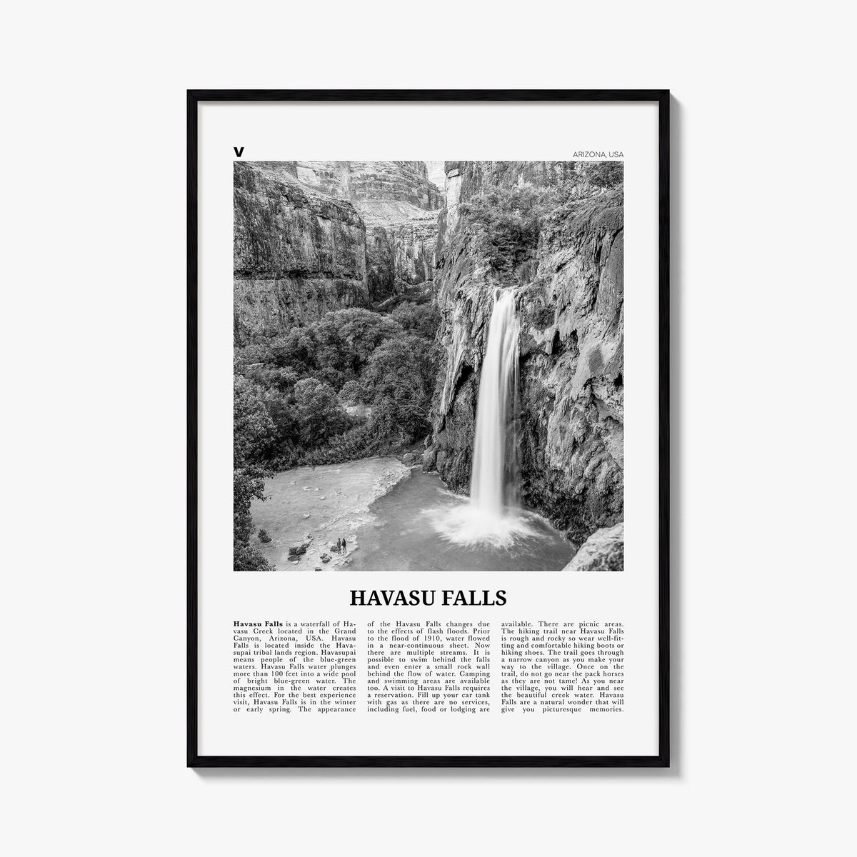 Havasu Falls black & white newspaper poster of Arizona, USA – vertical wall art, unframed print shown in interior mockup