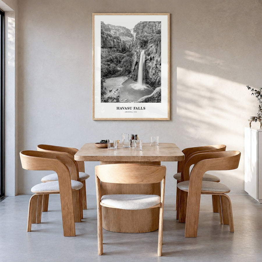 Havasu Falls Classic Poster in a natural wood frame, hanging in a dining room