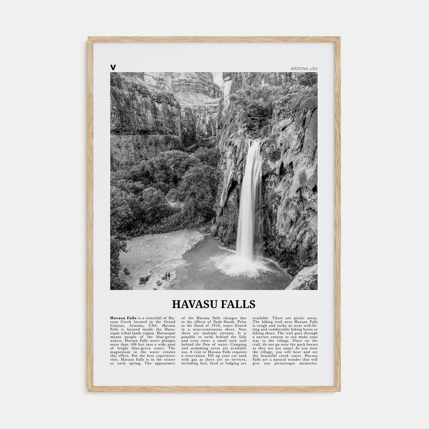 Havasu Falls Poster Natural Wood / 8x12 in Nbourhood Travel B&W Poster