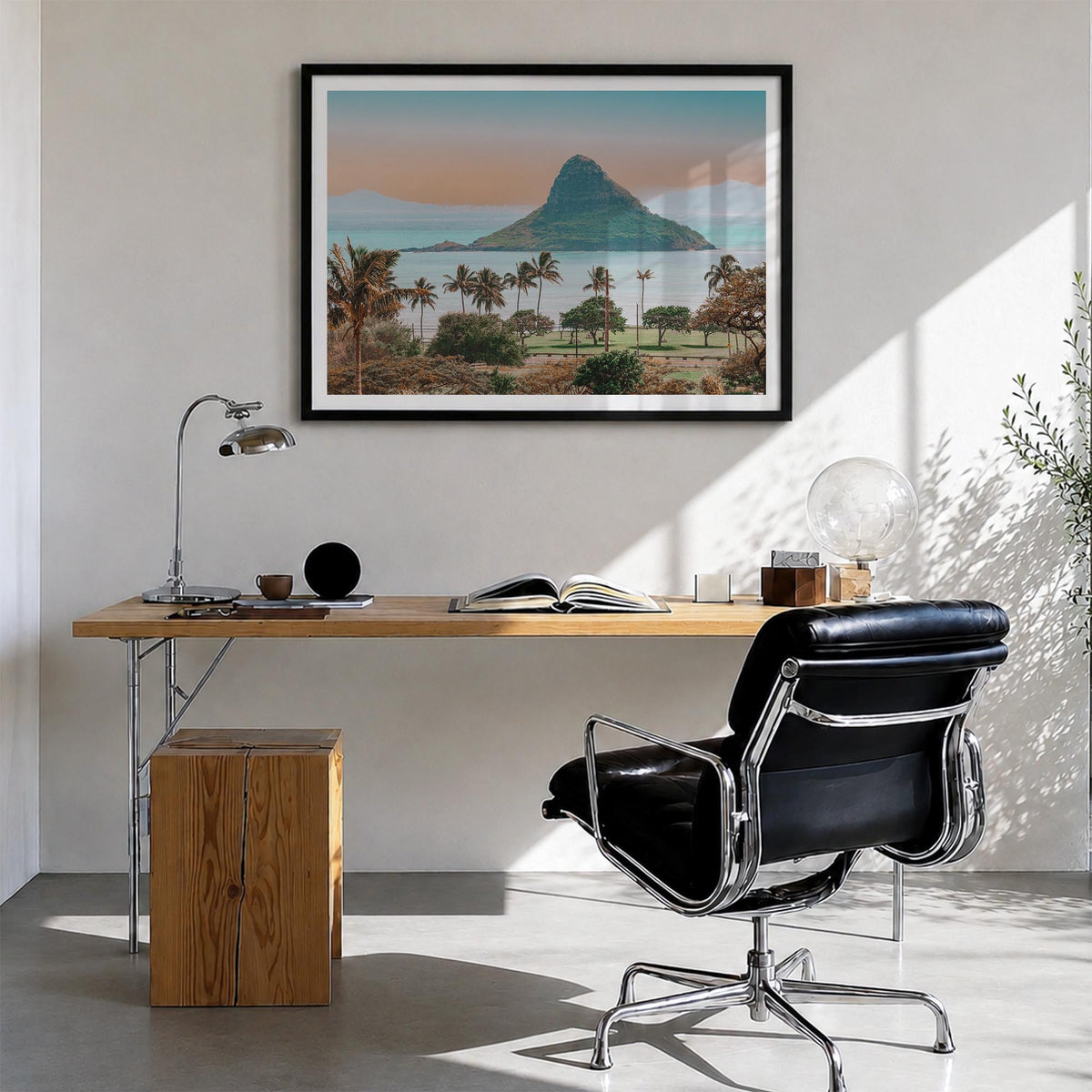 Hawaii colorful photo poster of United States – horizontal wall art in black wood frame with white border, hanging on wall