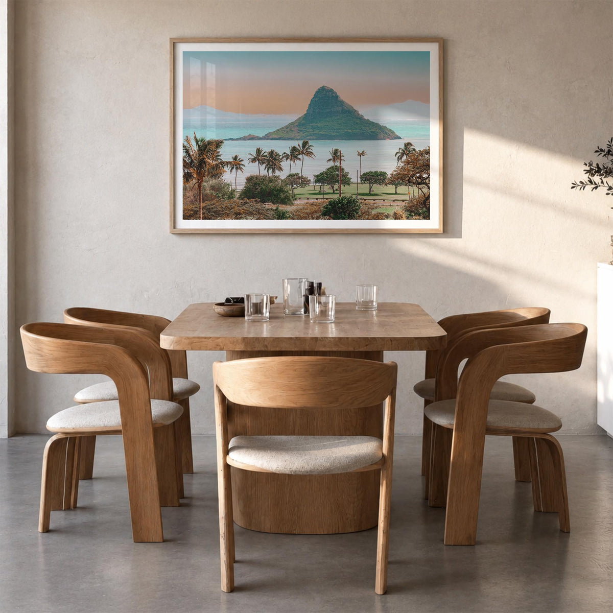 Hawaii colorful photo poster of United States – horizontal wall art in natural wood frame with white border, hanging on wall