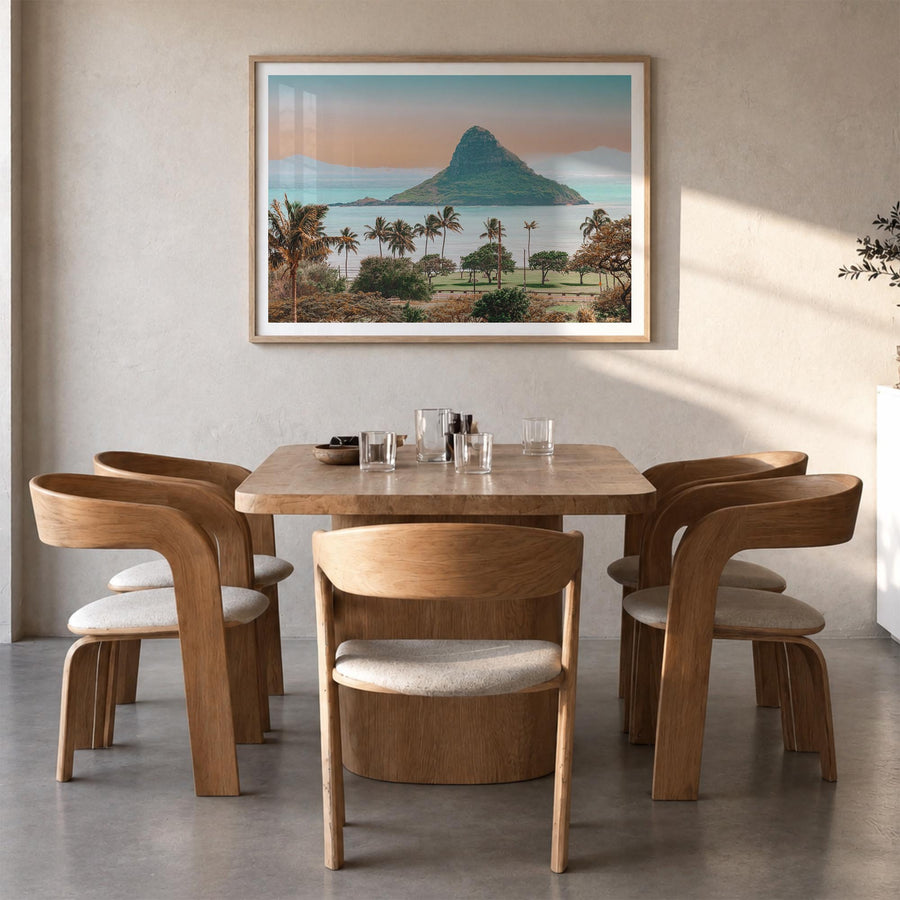 Hawaii colorful photo poster of United States – horizontal wall art in natural wood frame with white border, hanging on wall