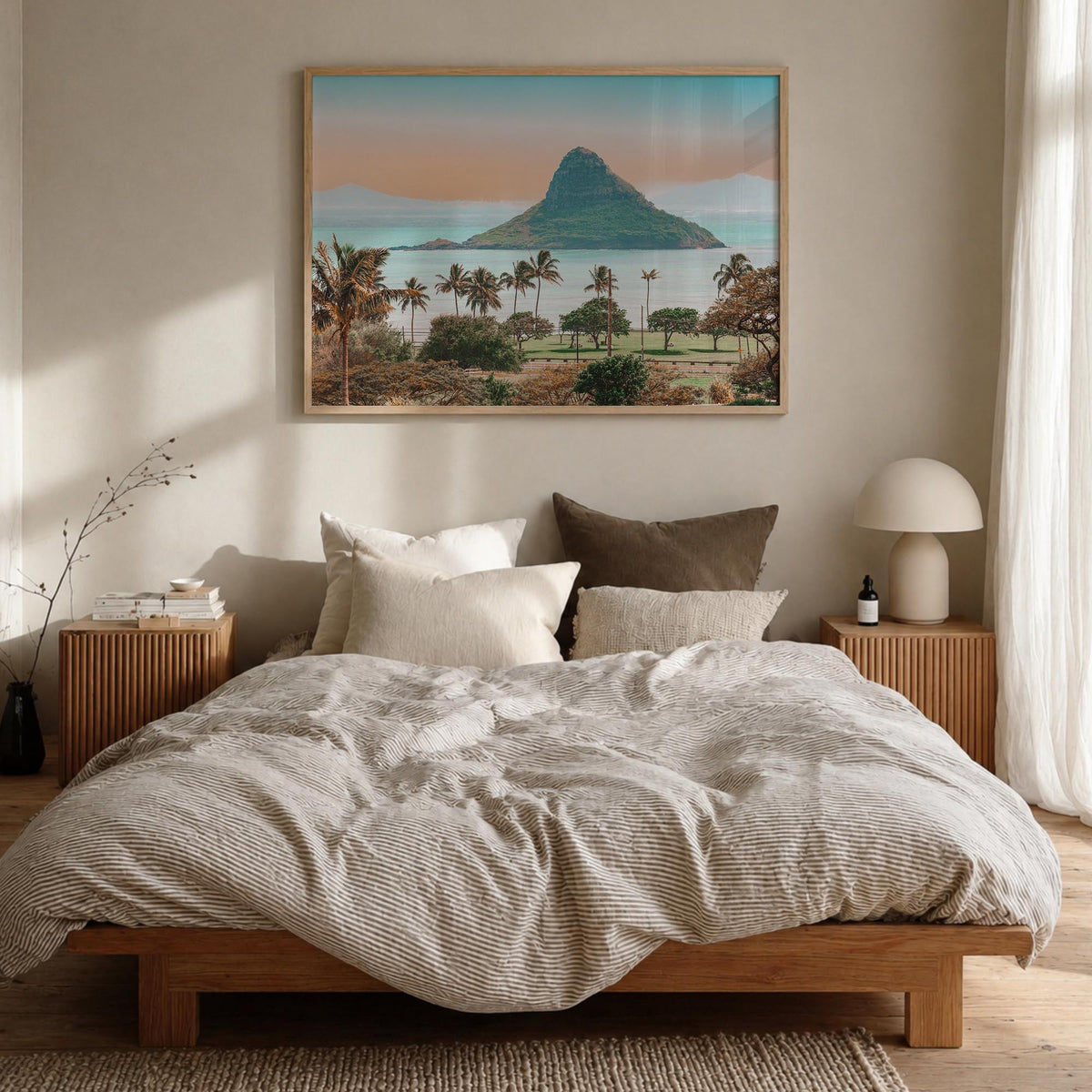 Hawaii colorful photo poster of United States – horizontal wall art in natural wood frame, hanging on wall
