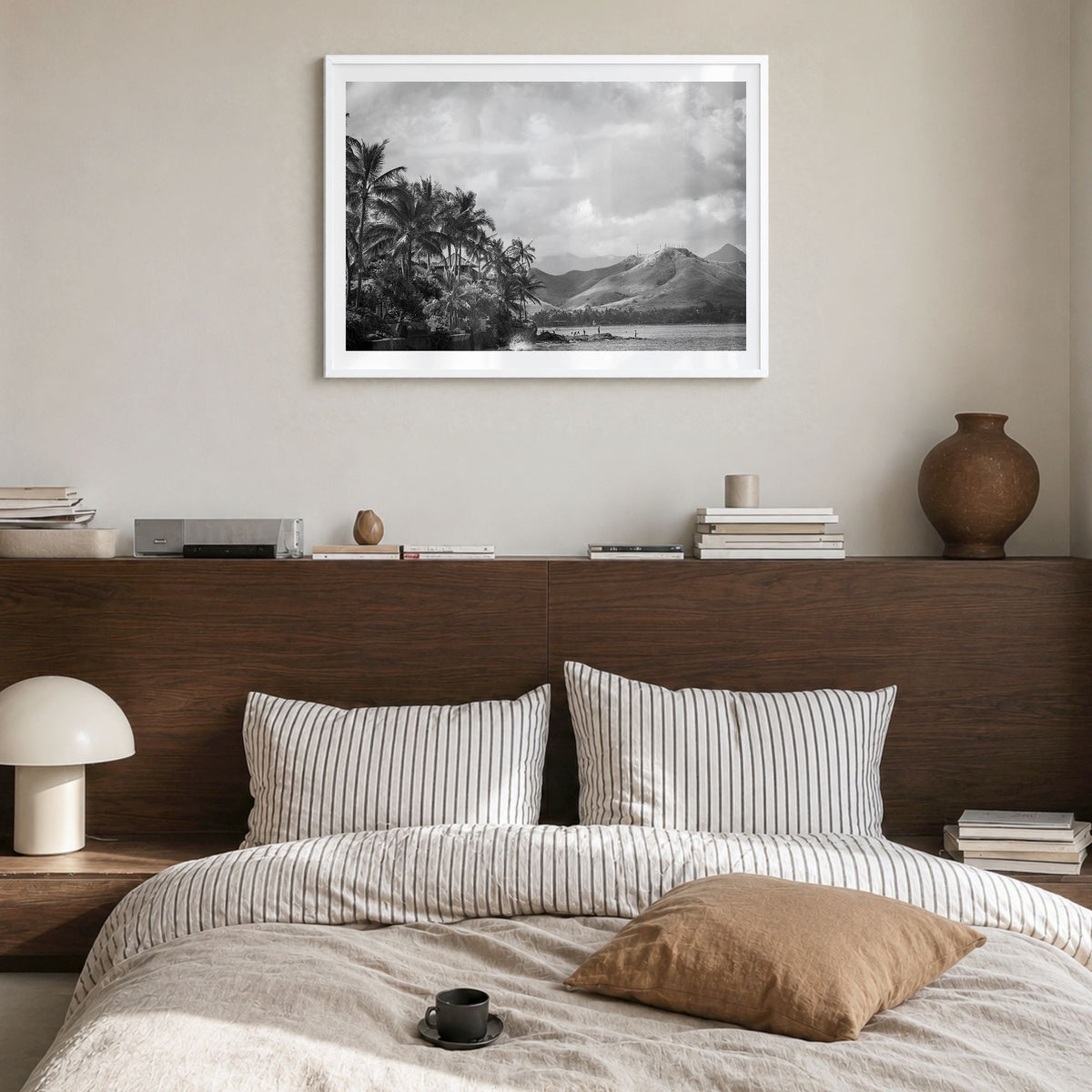 Hawaii Photo No 1 Poster in a white wood frame, hanging in a bedroom, white border