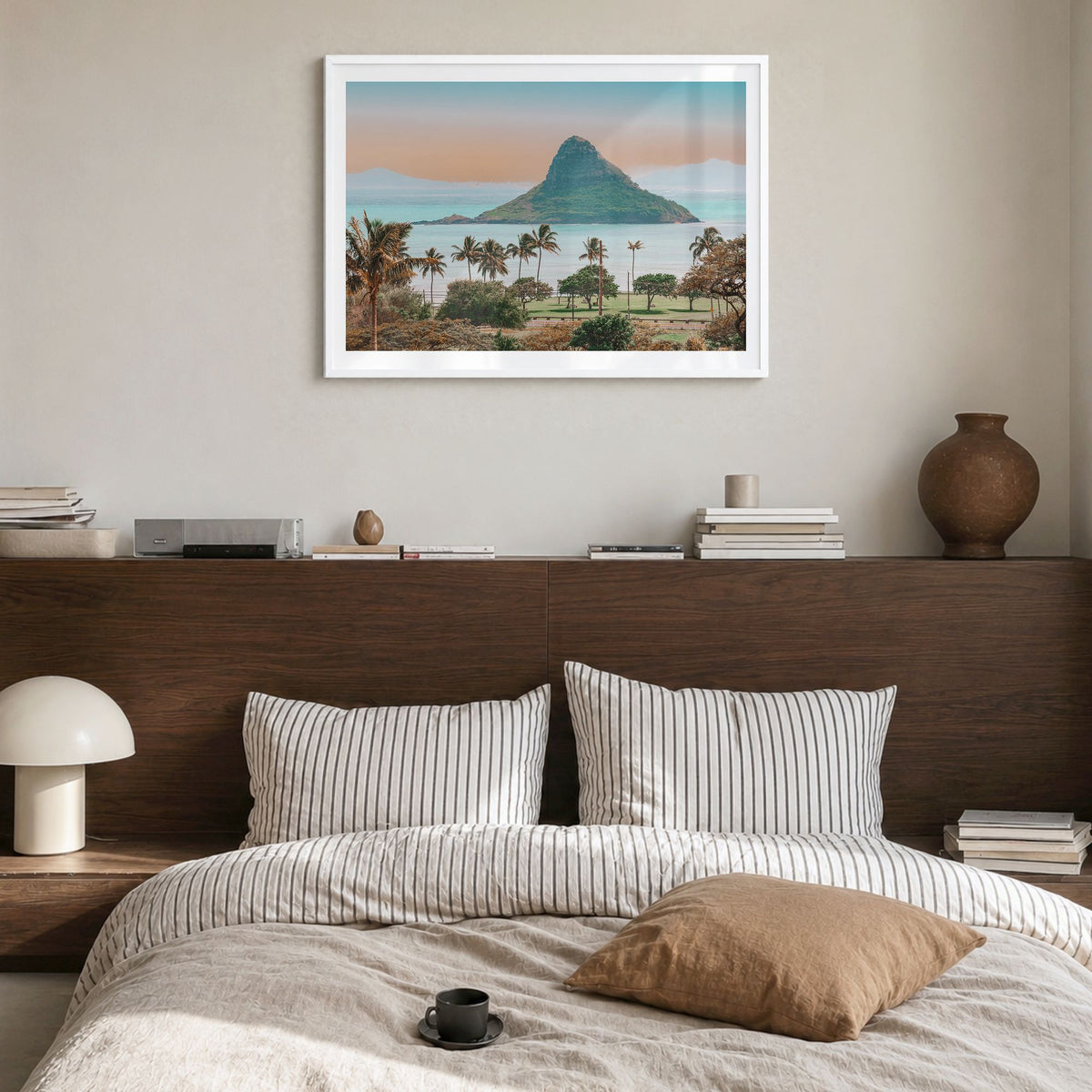 Hawaii Photo Poster in a white wood frame, hanging in a bedroom, white border